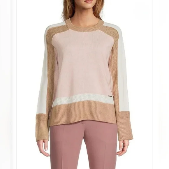 Halston Women's Colorblock Sweater - Pink, White, & Tan Small. Cottagecore Cozy - Picture 1 of 7